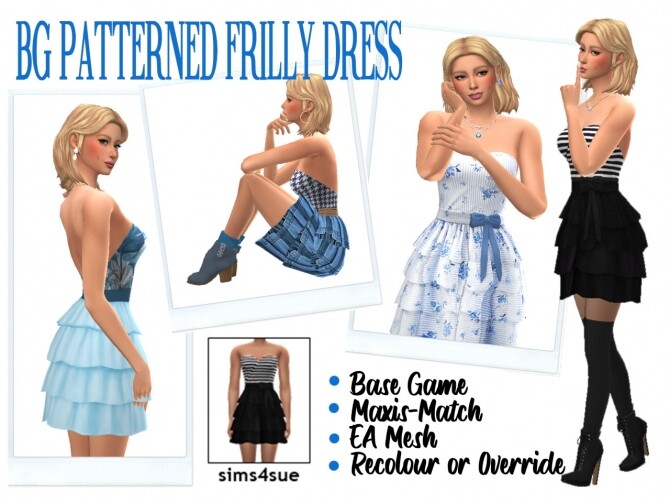 Sims 4 BG PATTERNED FRILLY DRESS at Sims4Sue