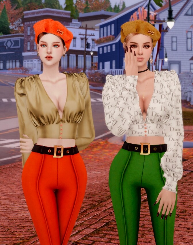 Sims 4 Silk Blouse & Skinny Pants & Knit Beret at RIMINGs