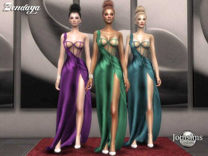 Sims 4 Zendaya long slit gala dress by jomsims at TSR