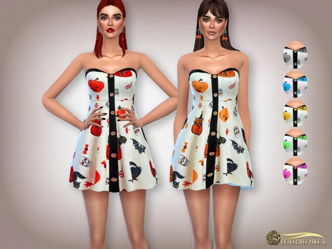 Sims 4 Halloween Pumpkin Print Mini Dress by Harmonia at TSR