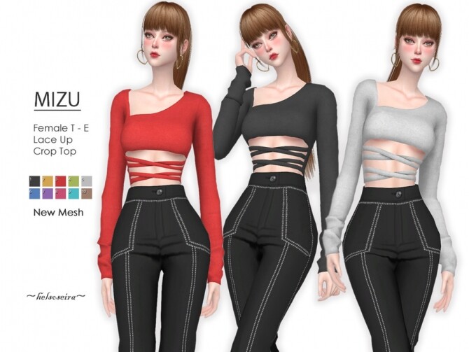 Sims 4 MIZU long sleeve lace up crop top by Helsoseira at TSR