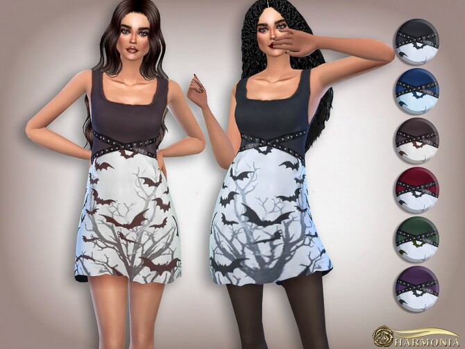 Sims 4 Halloween Bat Tree Print Dress by Harmonia at TSR
