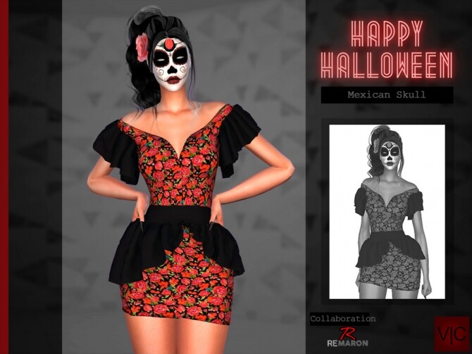 Sims 4 Mexican Skull Dress Halloween VI by Viy Sims at TSR