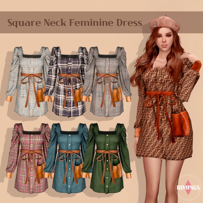 Square Neck Feminine Dress at RIMINGs » Sims 4 Updates