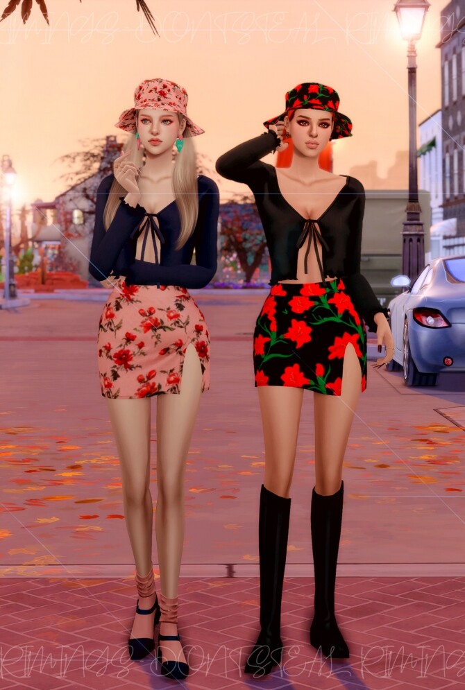 Sims 4 Ribbed Open Cardigan & Floral Open Skirt & Bucket hat at RIMINGs