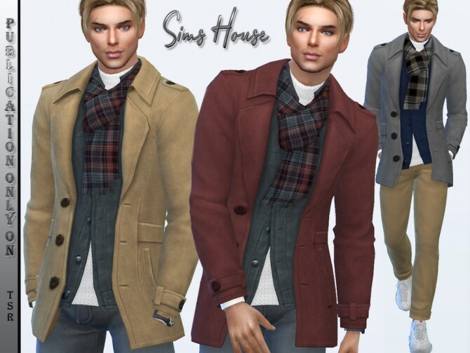 Sims 4 Mens short coat with scarf by Sims House at TSR