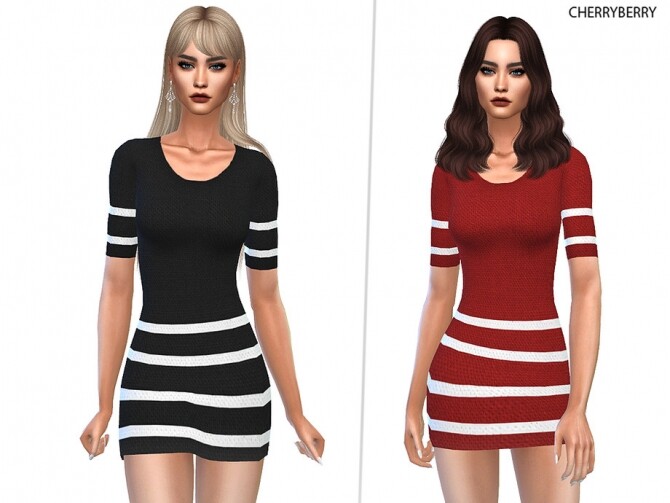 Sims 4 Striped Velvet Dress by CherryBerrySim at TSR