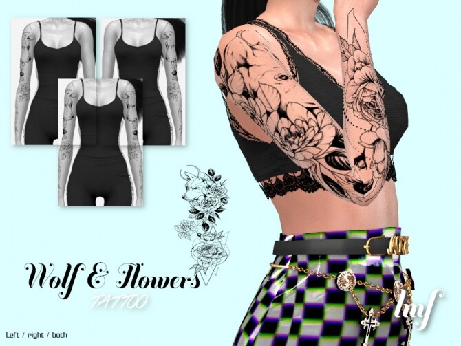 Sims 4 IMF Tattoo Wolf and Flowers by IzzieMcFire at TSR