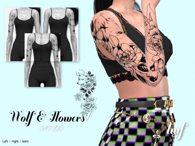Imf Tattoo Wolf And Flowers By Izziemcfire At Tsr Sims 4 Updates