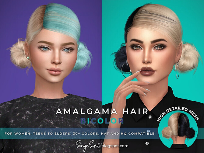 Sims 4 Amalgama Hair BICOLOR by SonyaSimsCC at TSR