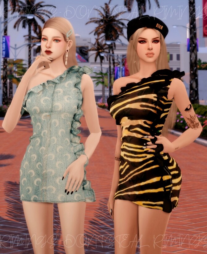 Sims 4 Frill Shoulder Mini Dress & Square Color Hairpin at RIMINGs
