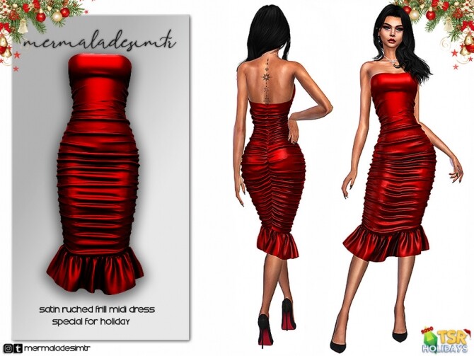 Sims 4 2020 Holiday Collab Satin Ruched Frill Midi Dress by mermaladesimtr at TSR