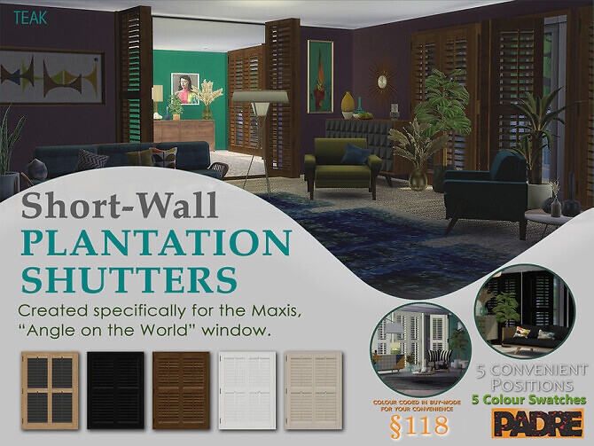 Sims 4 Short Wall Plantation Shutters by Padre at TSR