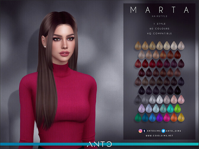Sims 4 Marta long hairstile with side bangs by Anto at TSR