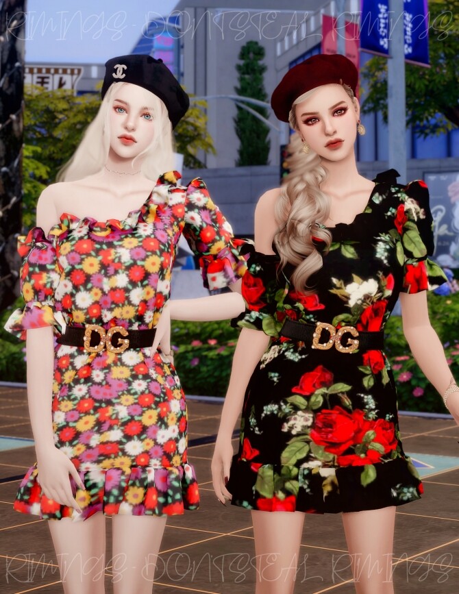 Sims 4 Belt & One off shoulder Floral Dress at RIMINGs