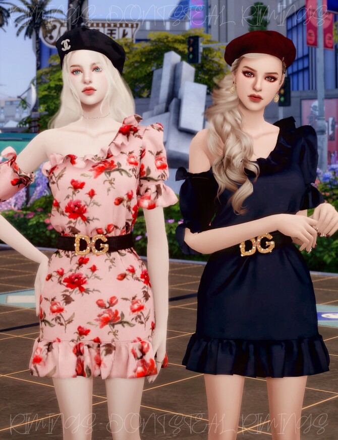 Sims 4 Belt & One off shoulder Floral Dress at RIMINGs