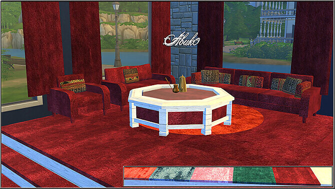 Sims 4 So Velvet: sofa, chair, loveseat, table, curtain, rug & stairs at Abuk0 Sims4