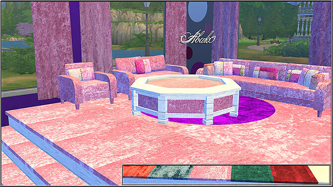 Sims 4 So Velvet: sofa, chair, loveseat, table, curtain, rug & stairs at Abuk0 Sims4
