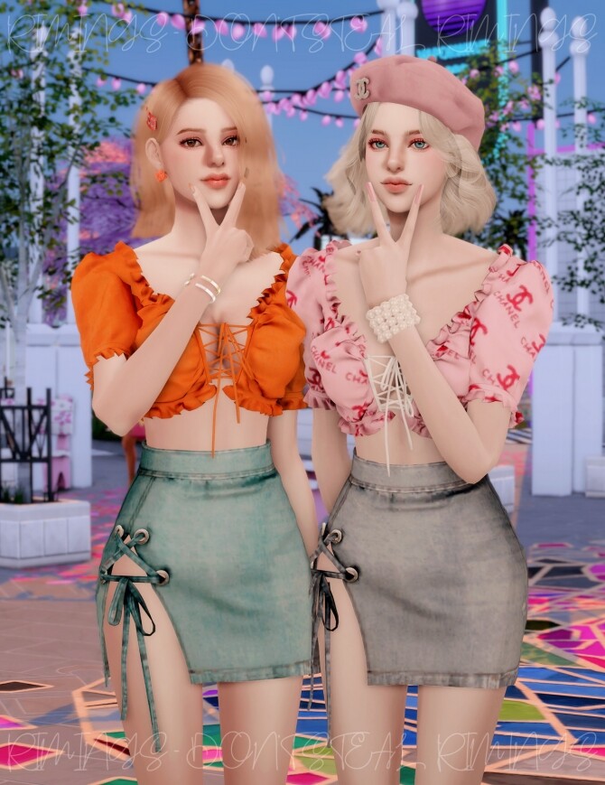 Sims 4 Lovely Crop Blouse & Open Short Denim Skirt at RIMINGs