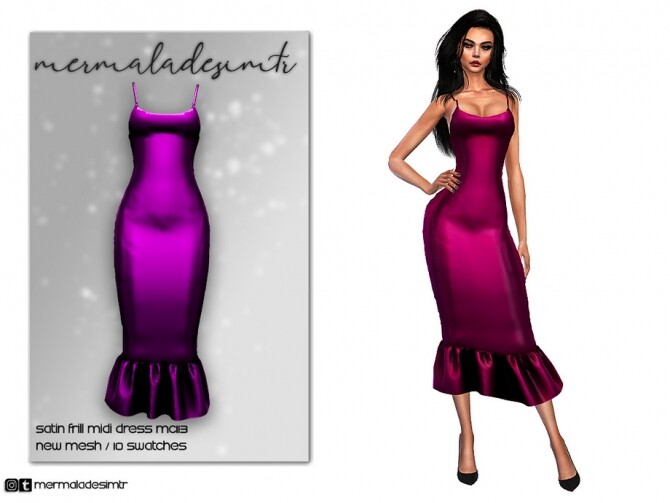 Sims 4 Satin Frill Midi Dress MC113 by mermaladesimtr at TSR