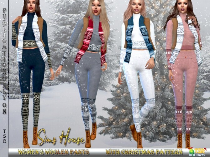 Sims 4 Holiday Wonderland Woolen Pants with Christmas Pattern by Sims House at TSR