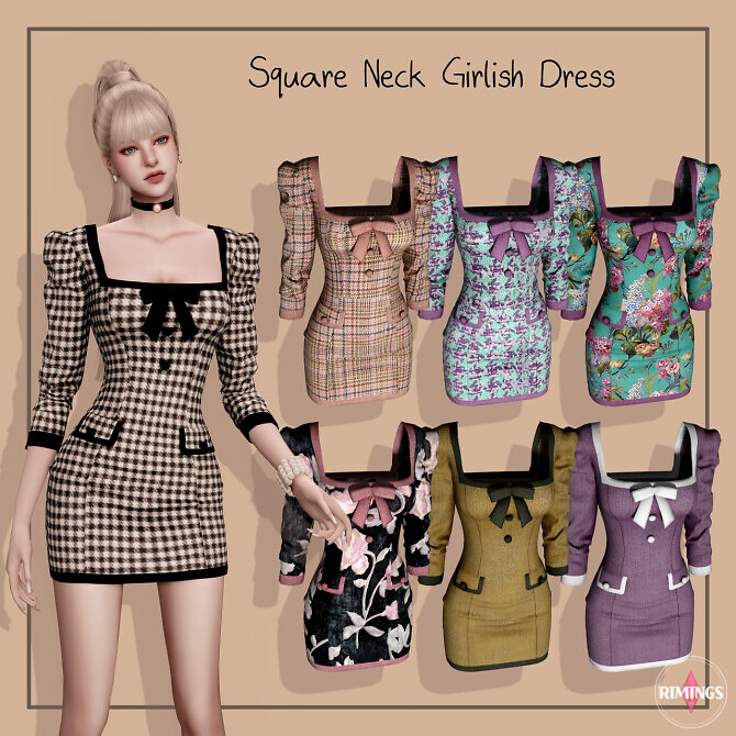 Sims 4 Square Neck Girlish Dress at RIMINGs