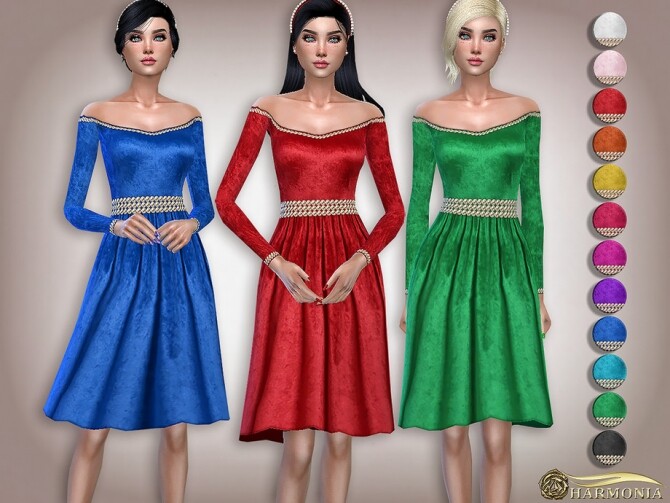 Sims 4 Pearl Trim Embellished Velvet Christmas Dress by Harmonia at TSR