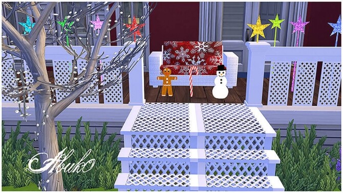 Sims 4 Christmas set: stairs, fence, loveseat, snowman, gingerman, candy at Abuk0 Sims4