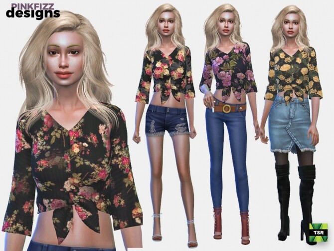 Sims 4 Vintage Flower Tie Top by Pinkfizzzzz at TSR