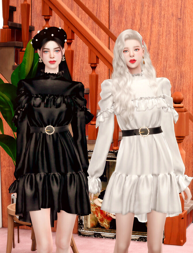 Sims 4 Pearl Belt & Frill Velvet Dress at RIMINGs