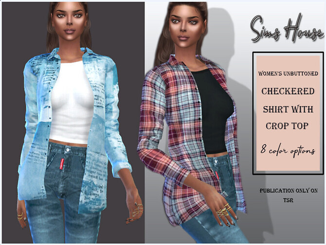 Sims 4 Unbuttoned checkered shirt with crop top by Sims House at TSR