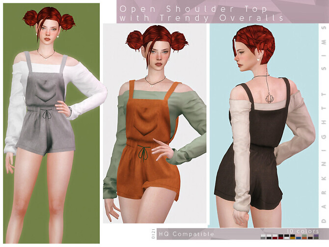 Sims 4 Open Shoulder Top with Trendy Overalls by DarkNighTt at TSR