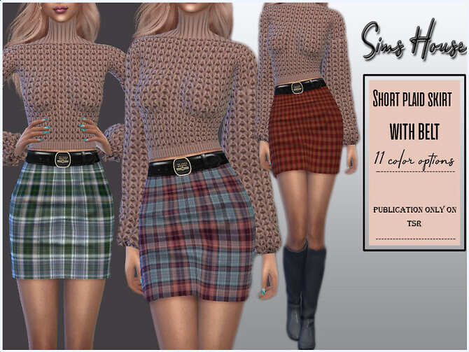 Sims 4 Short plaid skirt with belt by Sims House at TSR