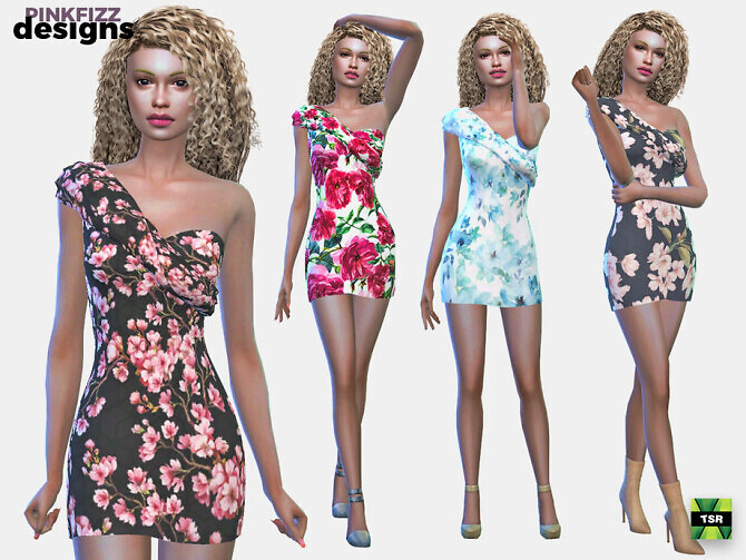 Sims 4 Flower Shoulder Dress by Pinkfizzzzz at TSR