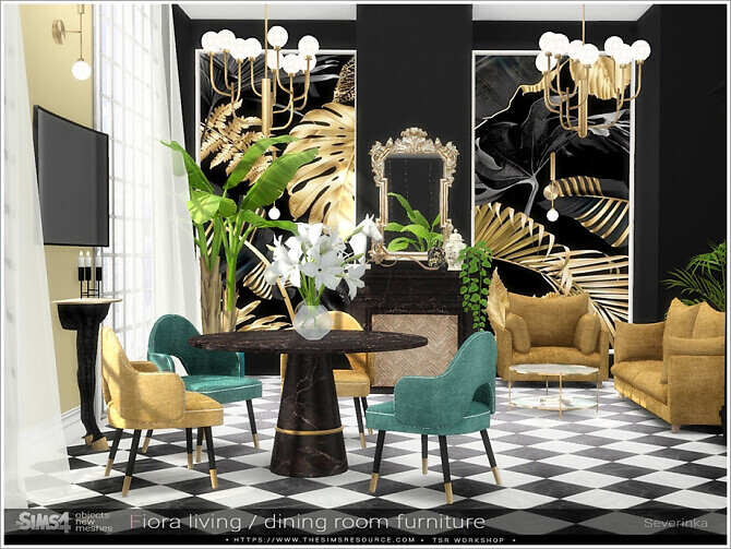 Sims 4 Fiora living / dining room furniture by Severinka at TSR