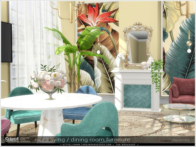 Sims 4 Fiora living / dining room furniture by Severinka at TSR