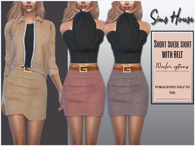 Sims 4 Short suede skirt with belt by Sims House at TSR