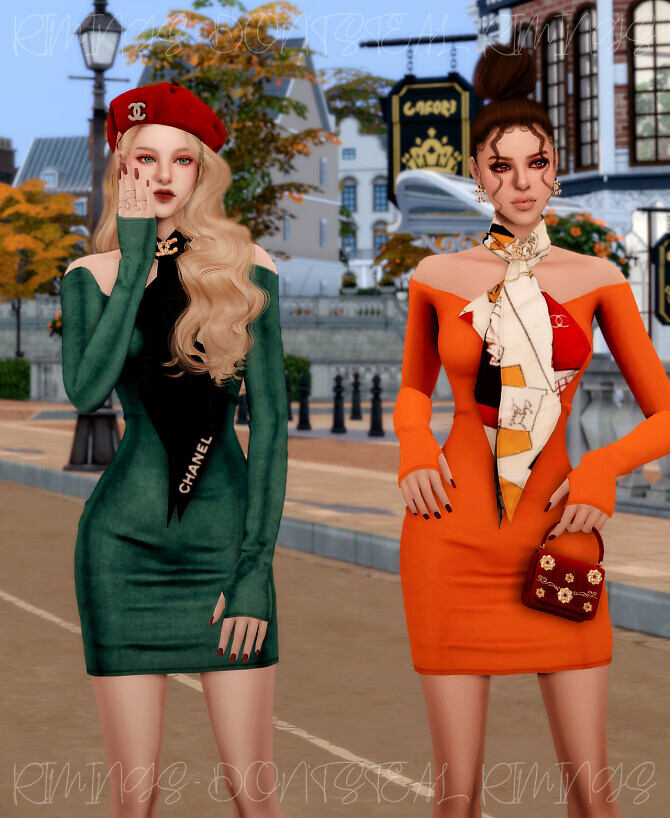 Sims 4 Scarf & Off shoulder Tight Dress at RIMINGs