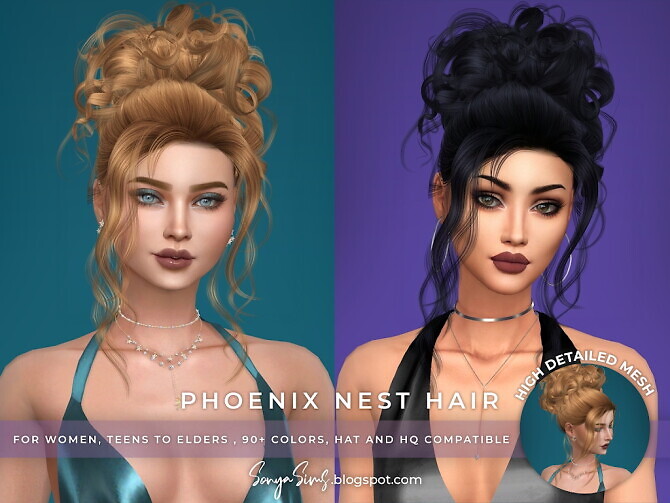 Sims 4 Phoenix Nest Curly Bun Hair (P) at Sonya Sims