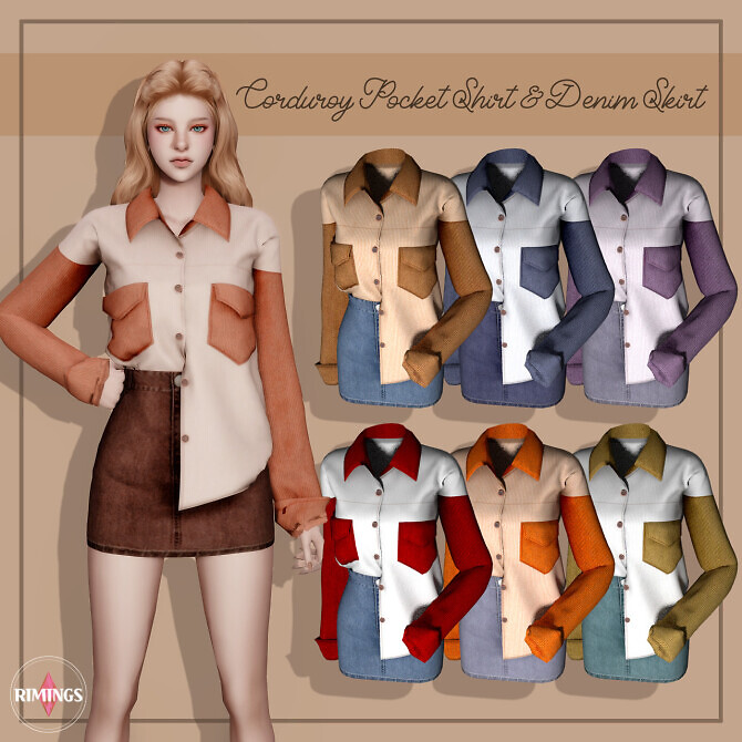 Sims 4 Corduroy Pocket Shirt & Denim Skirt at RIMINGs