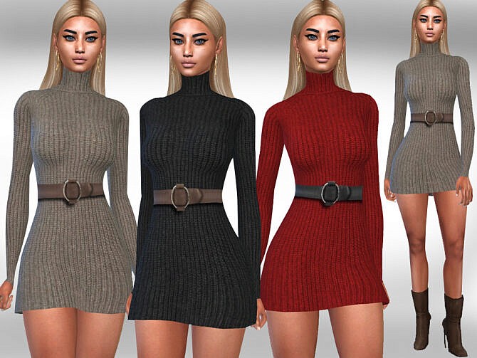 Sims 4 Long Sleeve Winter Dress with Belt by Saliwa at TSR