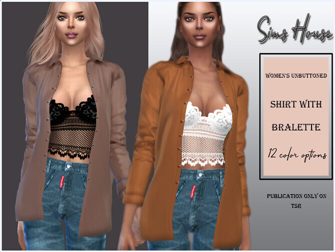 Sims 4 Unbuttoned shirt with bralette by Sims House at TSR