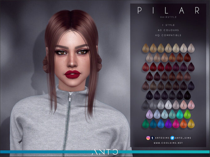 Sims 4 Pilar low buns with bangs hairstyle by Anto at TSR