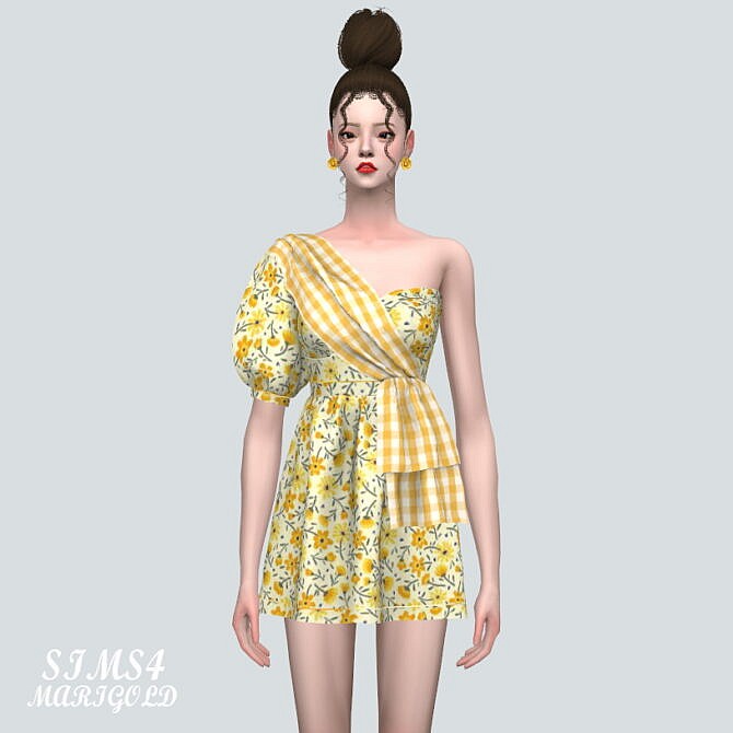 Sims 4 Unbalance Puff Sleeves Mini Dress at Marigold