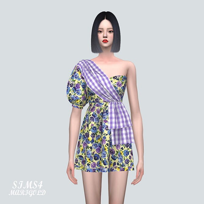 Sims 4 Unbalance Puff Sleeves Mini Dress at Marigold