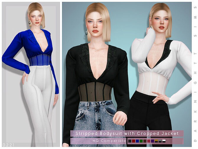 Sims 4 Stripped Bodysuit with Cropped Jacket by DarkNighTt at TSR