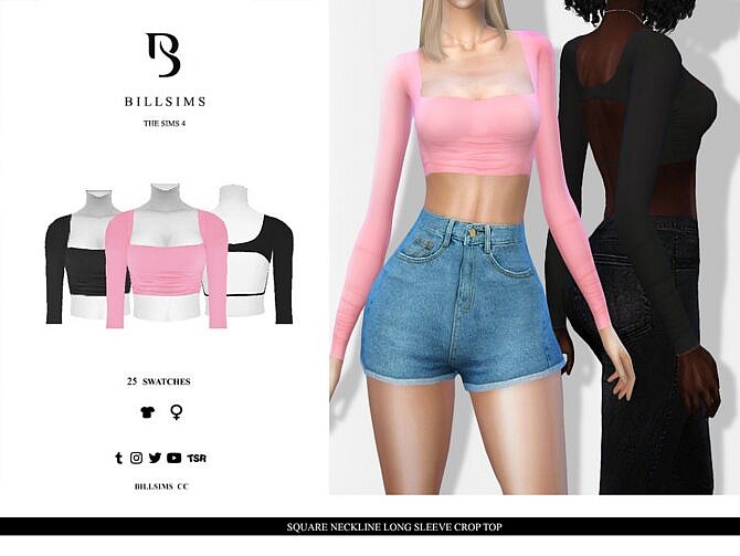 Sims 4 Square Neckline Long Sleeve Crop Top by Bill Sims at TSR