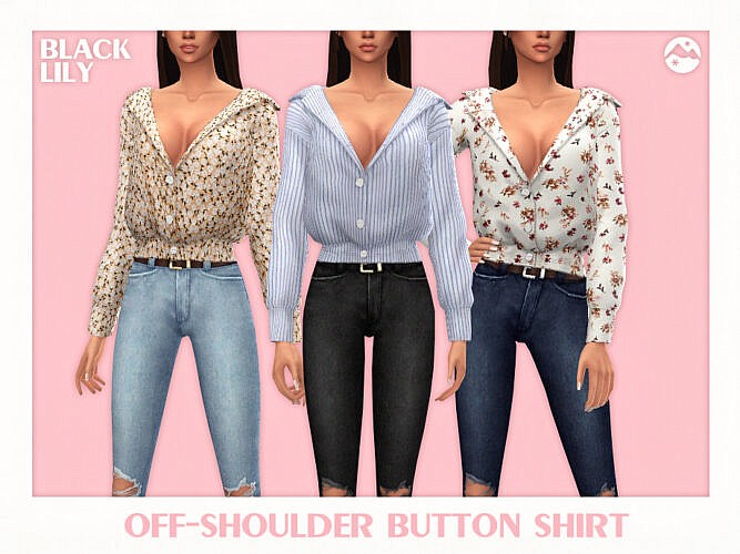 Off-Shoulder Button Shirt by Black Lily at TSR » Sims 4 Updates