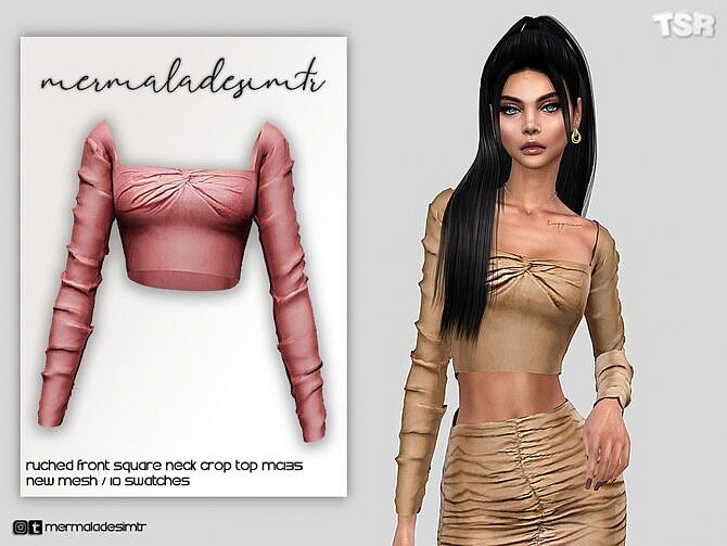 Sims 4 Square Neck Ruched Crop Top by mermaladesimtr at TSR