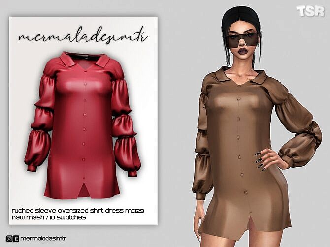 Sims 4 Shirt Dress Ruched Sleeve Oversized by mermaladesimtr at TSR